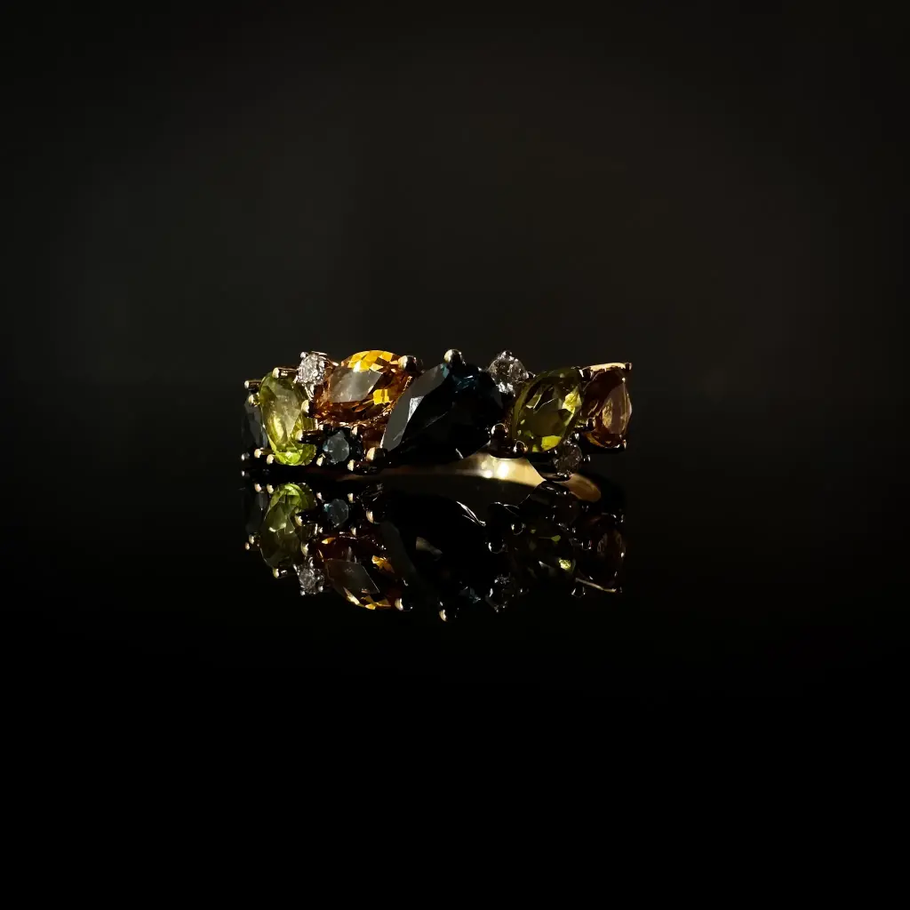 Bague topaze, citrine, péridot et diamants