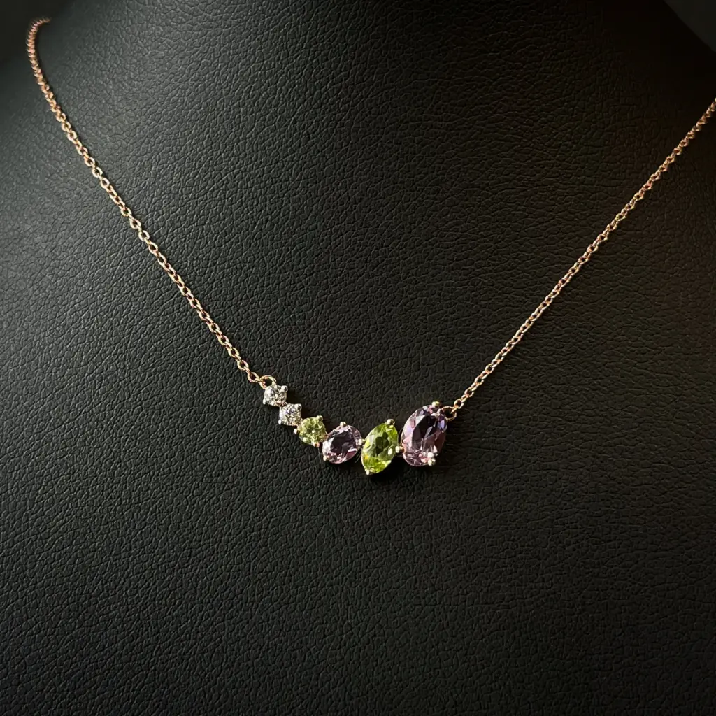 Collier améthystes, péridots et diamants