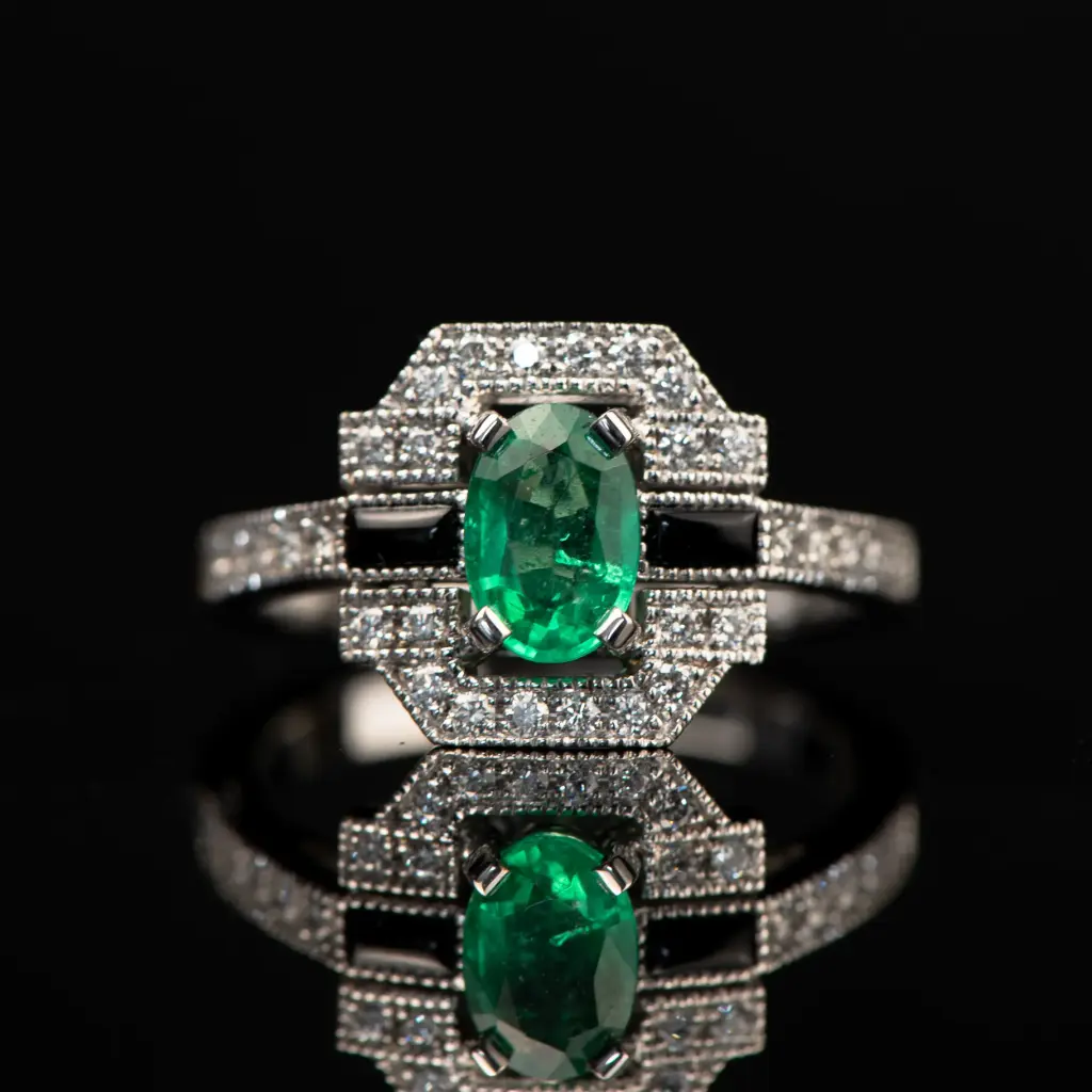Bague Emeraude, Onyx & Diamants