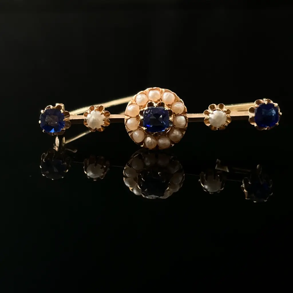 Broche fleurs, perles & pierres bleues