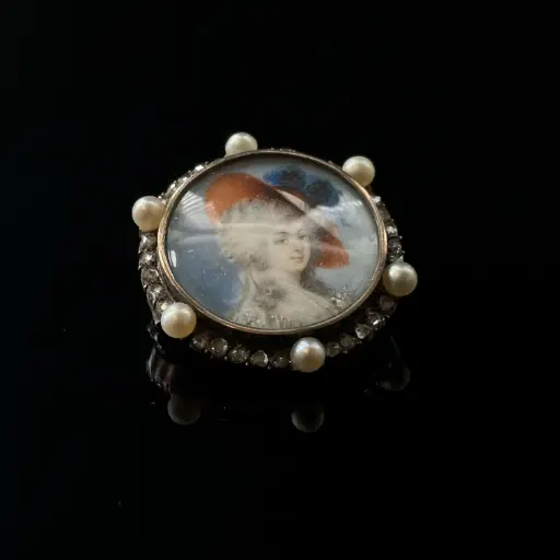 [PB9163] Broche portrait miniature perles & diamants